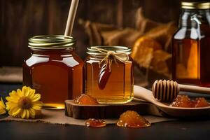 honey and honeycomb on a wooden table. AI-Generated photo