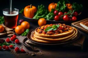 pancakes with vegetables and fruit on a plate. AI-Generated photo