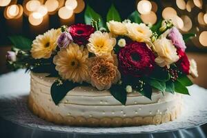 a wedding cake with colorful flowers on top. AI-Generated photo