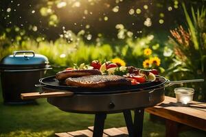 a grill with meat and vegetables on it in the garden. AI-Generated photo