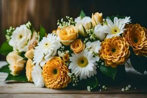 a bouquet of yellow and white flowers on a wooden table. AI-Generated photo