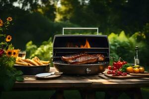 a grill with food on it in the garden. AI-Generated photo