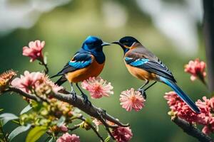 dos aves son sentado en un rama con rosado flores generado por ai foto