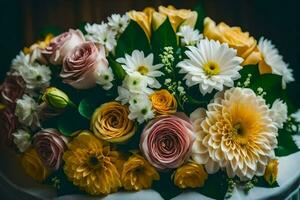 a bouquet of yellow and pink flowers on a table. AI-Generated photo