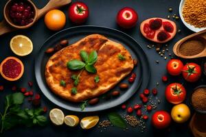 a plate of food with vegetables, spices and fruit. AI-Generated photo