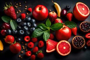 various fruits and berries are arranged on a black background. AI-Generated photo