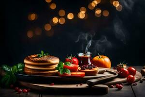 pancakes with jam and tomatoes on a wooden table. AI-Generated photo