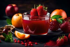 a glass of red juice with strawberries and oranges. AI-Generated photo