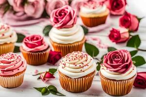 cupcakes with pink roses on a white table. AI-Generated photo