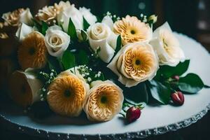 a bouquet of white and orange flowers on a table. AI-Generated photo