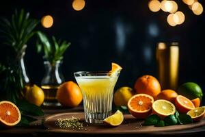 orange juice cocktail on a wooden table with oranges and other citrus. AI-Generated photo
