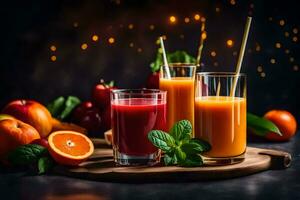 fresh juice with fruits and vegetables on a dark background. AI-Generated photo