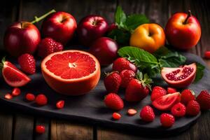fresh fruits on a wooden table. AI-Generated photo