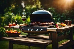 a barbecue grill with food and drinks on it. AI-Generated photo