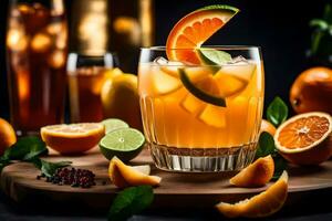 orange juice cocktail with lime slices and oranges. AI-Generated photo