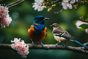 dos aves sentado en un rama con flores generado por ai foto