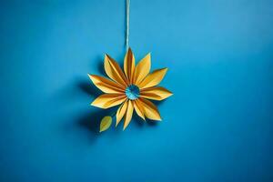 a yellow paper flower hanging from a string. AI-Generated photo