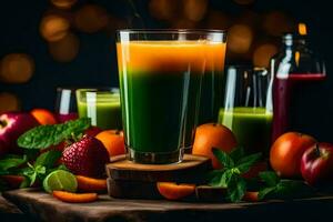 juice with fruits and vegetables on a wooden table. AI-Generated photo