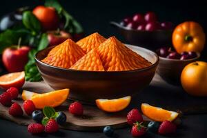 a bowl filled with fruit and a slice of orange. AI-Generated photo