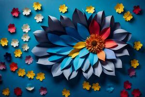 un vistoso papel flor en un azul antecedentes. generado por ai foto