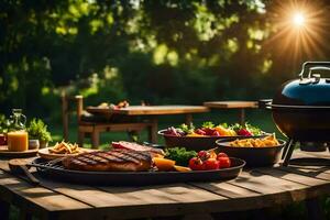 grill and food on a table in the garden. AI-Generated photo