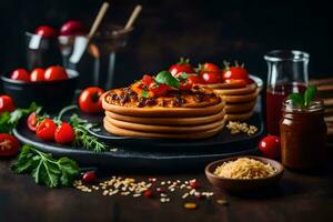 pancakes with tomatoes and herbs on a black plate. AI-Generated photo