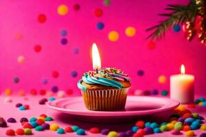 a cupcake with a lit candle on a pink background. AI-Generated photo
