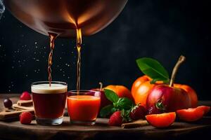 pouring juice into a glass with fruit and spices. AI-Generated photo