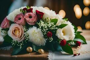 un ramo de flores de flores en un mesa. generado por ai foto