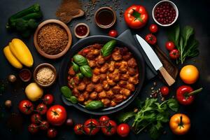 a bowl of food with tomatoes, peppers, and other ingredients. AI-Generated photo