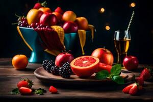 fruit on a plate with a glass of wine. AI-Generated photo