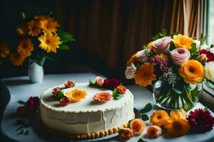 a wedding cake with flowers on a table. AI-Generated photo