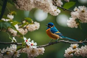 a blue and yellow bird is sitting on a branch with white flowers. AI-Generated photo