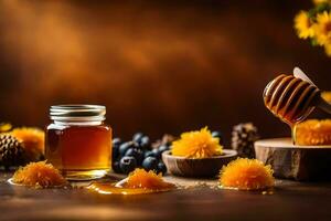 honey and flowers on a wooden table. AI-Generated photo