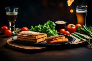 the grilled cheese sandwich is served on a wooden table with a glass of beer and vegetables. AI-Generated photo