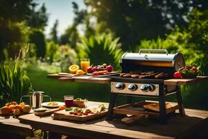 a grill on a picnic table with food and drinks. AI-Generated photo