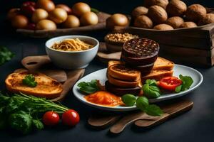 foods on a table with bread, tomatoes, and other ingredients. AI-Generated photo