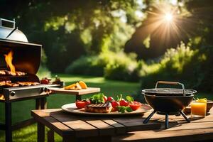 a barbecue grill with food on it in the garden. AI-Generated photo