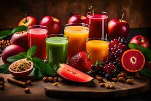 fresh fruit juices and fruits on a wooden table. AI-Generated photo