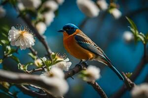 a blue and orange bird is sitting on a branch. AI-Generated photo