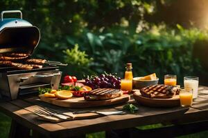 grill with food on a table in the garden. AI-Generated photo