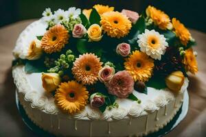 a wedding cake with flowers on top. AI-Generated photo