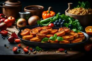 a pan with fried potatoes, vegetables and fruit. AI-Generated photo