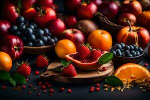 a variety of fruits and vegetables are arranged on a table. AI-Generated photo