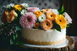 a cake with flowers on top of a wooden table. AI-Generated photo