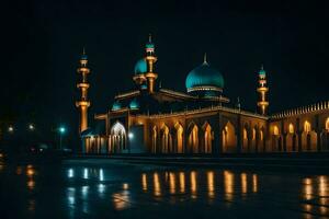 the mosque at night with the lights on. AI-Generated photo