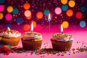 three cupcakes with candles on a pink background. AI-Generated photo