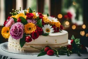 a white cake with colorful flowers on top. AI-Generated photo