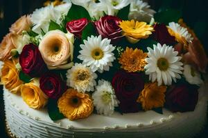 a cake with flowers on top of it. AI-Generated photo