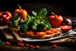 toast with vegetables and fruits on a wooden table. AI-Generated photo